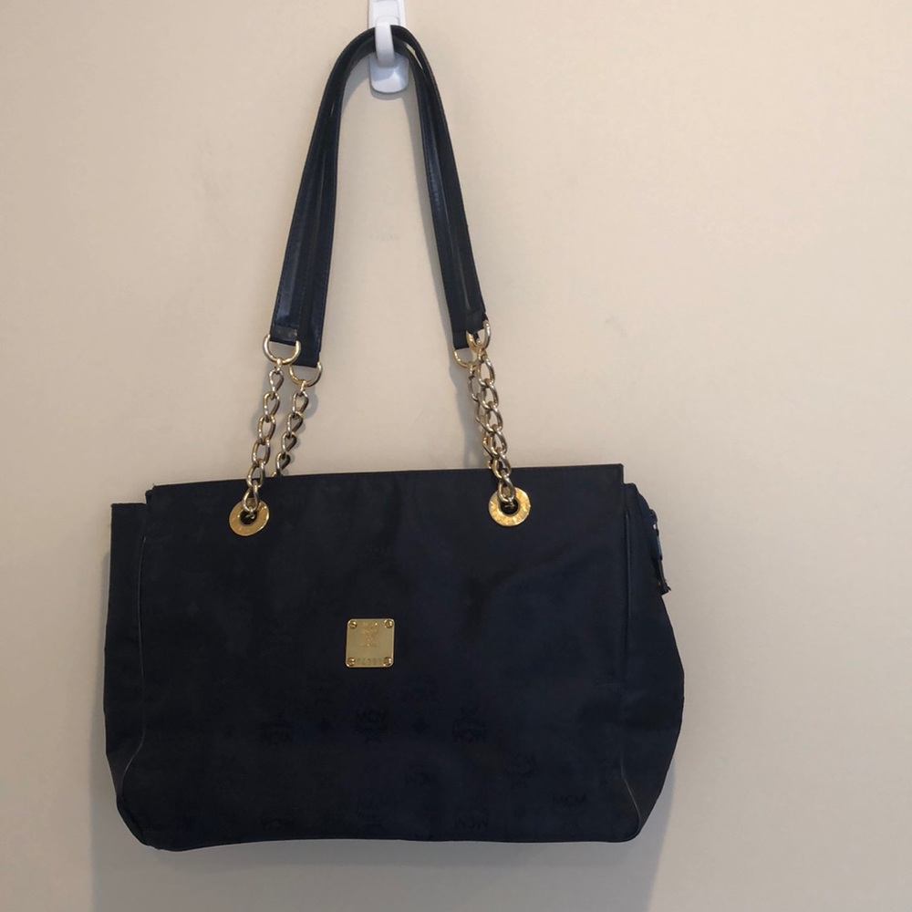 MCM Top ZIP navy blue textile signature tote